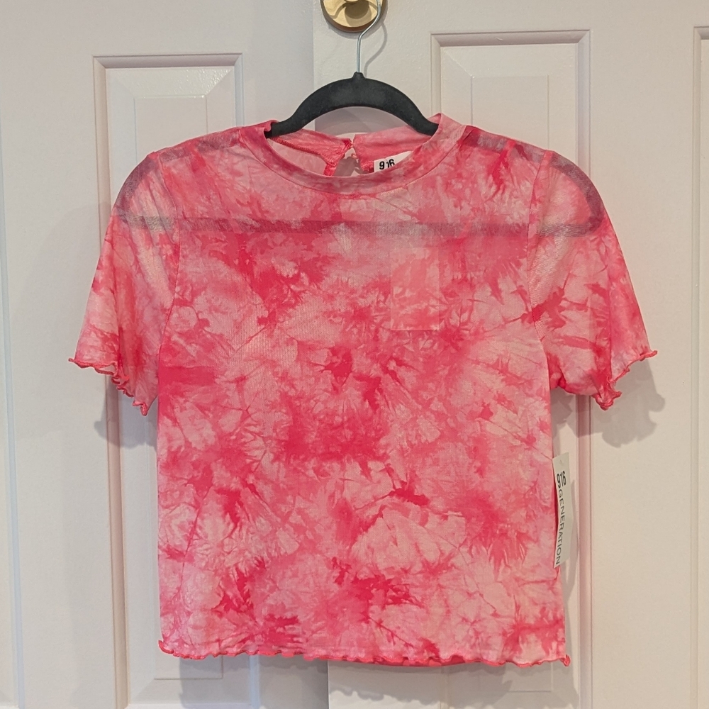 NWT 916 GENERATION Girls Pink Tie dye Mesh Lettuce Trim T Shirt NWT Size XL (16)
